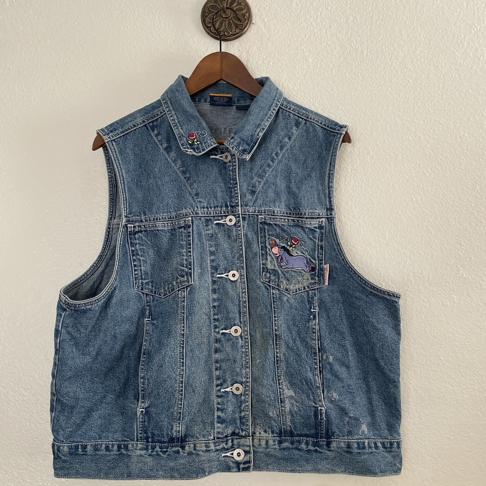 Pooh Woman's Denim Vest Embroidered Disney Eeyore Size 1X Distressed